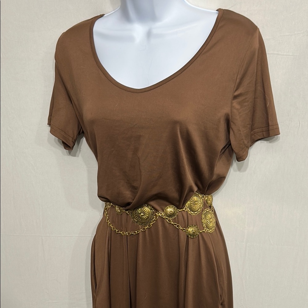 Brown Maxi Short Sleeve Dress with pockets
